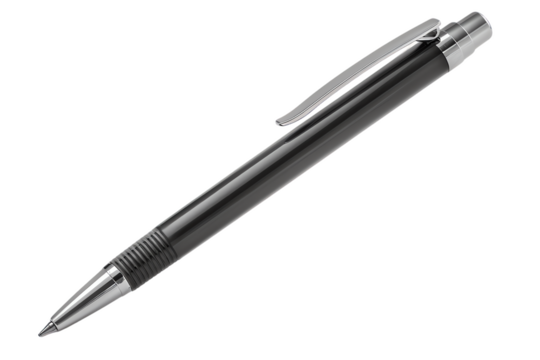 A silver ballpoint pen rests alone on a white background, a common office tool for writing and signing documents