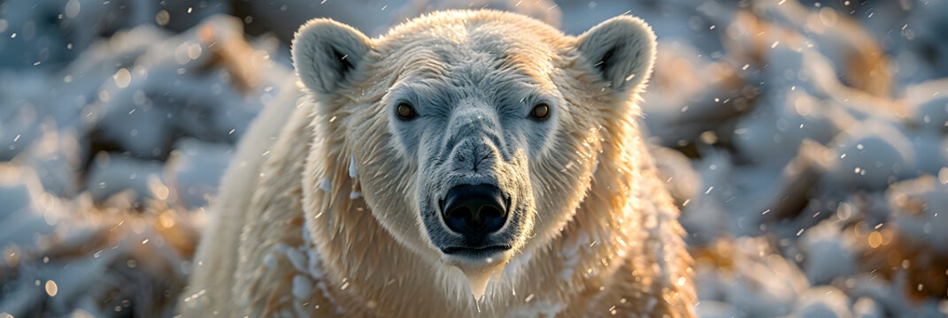 portrait of a polar bear with white blur background,
Image from below of polar bear with white fur