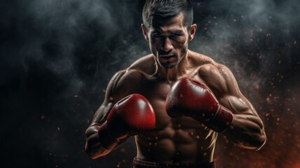 A portrait of a strong, pumped-up athletic Boxer man ready to strike in red gloves looks at the camera against the dark background of the ring, gym. Competitions, Sports, Energy, Training concepts.