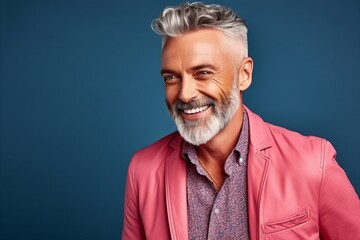 Portrait of a handsome mature man in a pink jacket. Men's beauty, fashion.