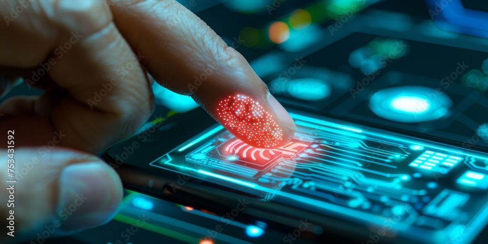 Aufkleber Biometric Identification in a High-Tech Future: A Finger Glows with Intricate Circuit Patterns Signaling Advanced Security Technology, Generative AI