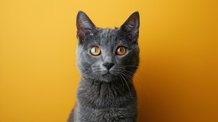 Grey Cat On Yellow Background Looks, Desktop Wallpaper Backgrounds, Background HD For Designer