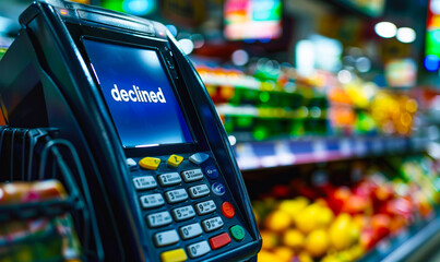 Close-up view of a payment terminal screen displaying declined message in a grocery store, symbolizing payment issues and financial transactions
