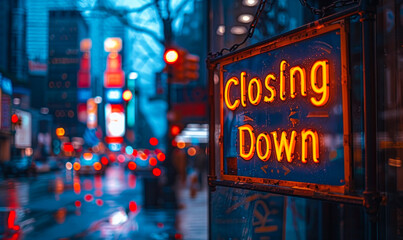 Illuminated Closing Down sign hanging in a storefront window at dusk, signaling the end of business operations, with city lights blurred in the background