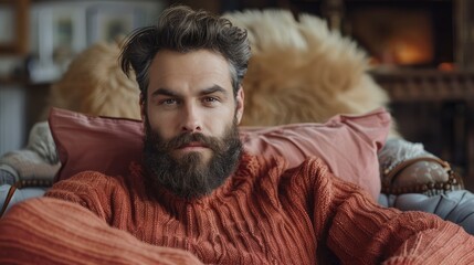 Obraz premium Handsome Bearded Man Sitting On Sofa, Desktop Wallpaper Backgrounds, Background HD For Designer