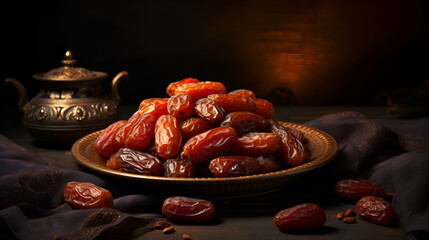 Ramadan composition with dried of dates on black surface,
