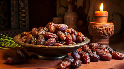 Dried dates fruits for ramadan kareem arabic ilsamic celebration abstract background,