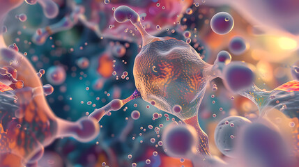a microscopic macro photograph of molecules and human cells floating