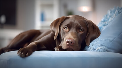 Cute chocolate labrador retriever dog years on the bed,melancholy, furniture, comfort, home, interior, emotion,
