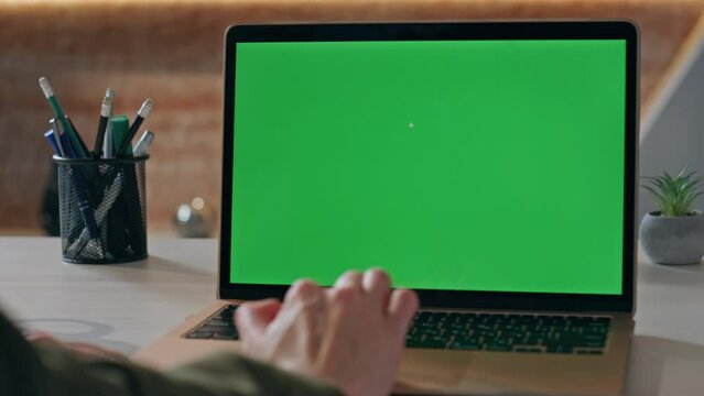 Teacher hands typing mockup laptop at workdesk close up. Unrecognizable worker 
