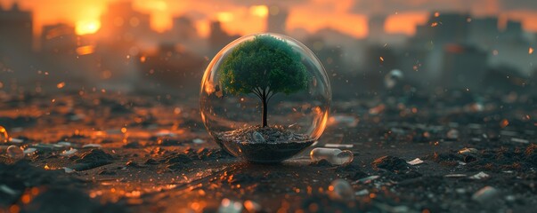 A tree in a glass sphere surrounded by Garbage on the cityscape  background - represents pollution and new hope - obrazy, fototapety, plakaty