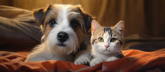 Jack russell terrier beside scottish fold cat on bed - obrazy, fototapety, plakaty