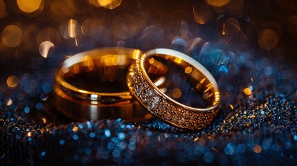 Obraz na płótnie Canvas Captivating Wedding Bands: Gleaming in intimacy, these rings symbolize eternal love. Macro shot captures every detail against a dramatic backdrop.