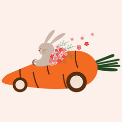 adorable pastel bunny in carrot car clipart hand drawn vector illustration for decorate invitation greeting birthday party celebration wedding card poster banner textile background