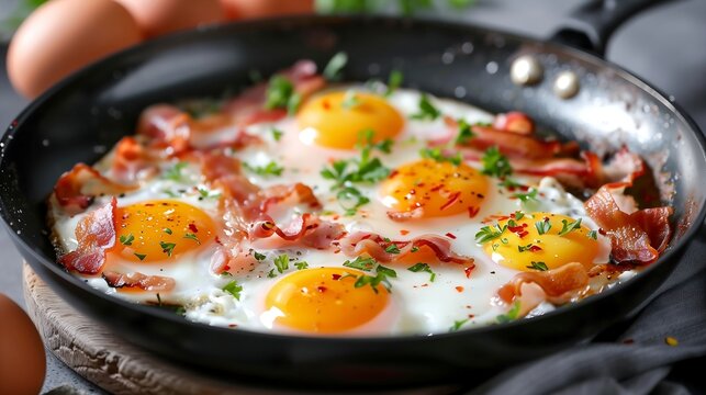 frying pan with eggs and bacon