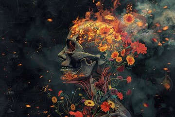 Digital artwork illustration of a shattered human form being engulfed by flames, with vibrant flowers blooming from within, representing the resilience of the human spirit in the face of adversity