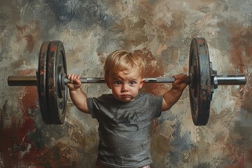 Tiny Titan: A pint-sized powerhouse conquers gravity, lifting Herculean weights effortlessly. Witness the adorable might against a brooding backdrop.