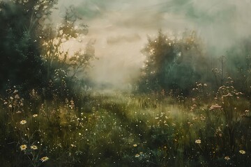 Obraz na płótnie Canvas moody vintage farmhouse style oil painting features flower field wall art