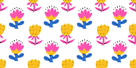 Obraz premium Vector seamless pattern with abstract cute spring flowers and leaves in flat cartoon style. Kids design, for fabric, wrapping, textile, wallpaper