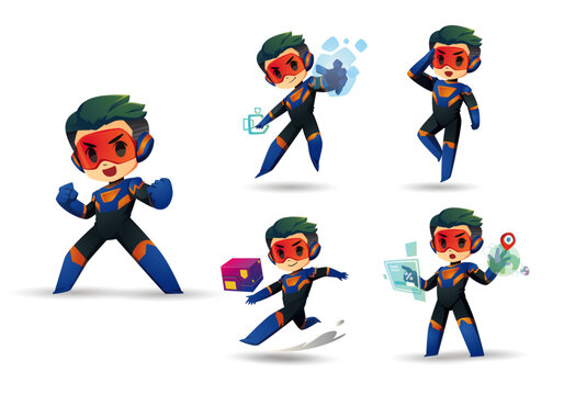 Blue black little Super Hero Boy Mascot Character Set 2