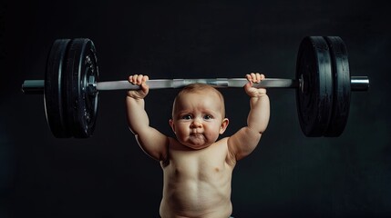 Tiny Titan: Adorable power packed in a pint-sized package! Watch as this strong baby defies gravity with a heavy barbell against a dark backdrop.