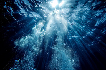 blue underwater background with rays, generative ai - obrazy, fototapety, plakaty