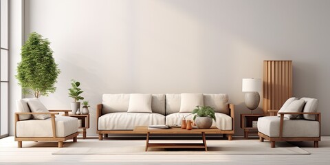 Modern furniture set with sofa and tables in a -rendered living room.