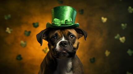 Dog portrait in a leprechaun hat st patrick's day on brown background,