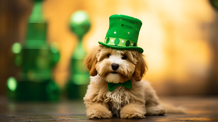 
 Cute puppy in green top hat. St. Patrick's Day.  Celebration, Festive, Holiday, Luck of the Irish, Shamrock, 