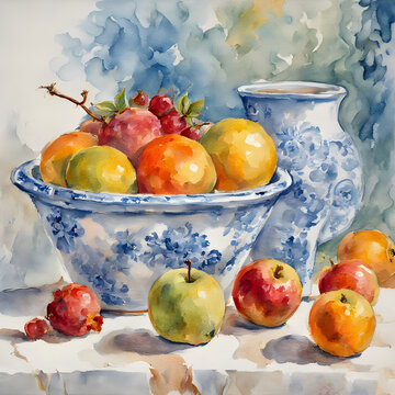 Beautiful Colorful Fruit Bowl Full of Lovely Fruits Painted in Watercolor