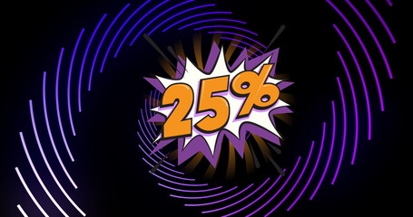 Image of 25 percent discount over spiral on black background