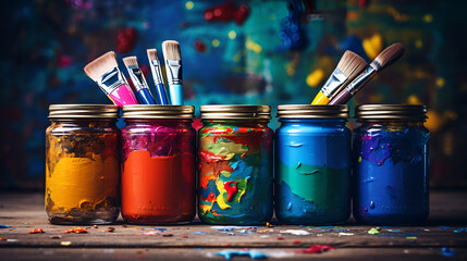 Colourful paints and paint brushes in jars with paint concept background,
