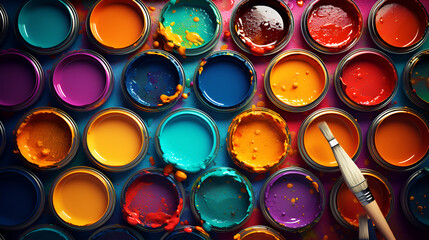 Multiple Colorful Paint Pots Next To A Brush Background,Painting Essentials, Rainbow of Paints, Colorful Painting Setup, 

