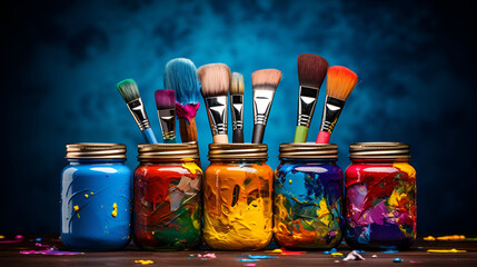 Paint brushes and palette with colorful paints on a grunge background Colorful artist brushes and paint,