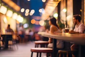 Leisure, travel, vacation concept. Bokeh background of street bar or restaurant outdoor. People sitting and chill, hang out, taking dinner and listen music. Blurred bokeh background. Generative AI  - obrazy, fototapety, plakaty