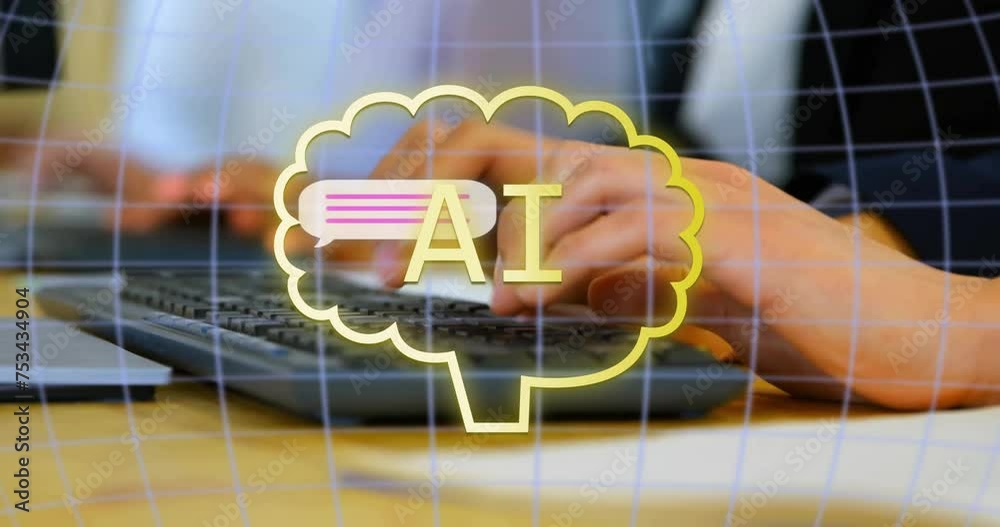 Poster animation of ai text, brain and data processing over biracial woman using computer