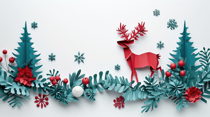 Merry Christmas reindeer and Tree with Snowflakes and Fir Branches Holiday Background paper art and craft style. paper cut. banner copy space area