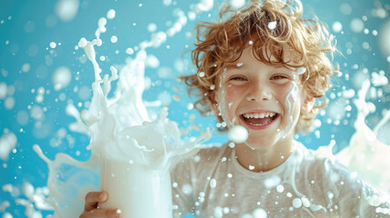 Cute Child boy portrait face smiling happy enjoying Splash milk for advertising blue background banner copy space area 