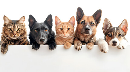 Group of pets together over white banner isolated, generative Ai