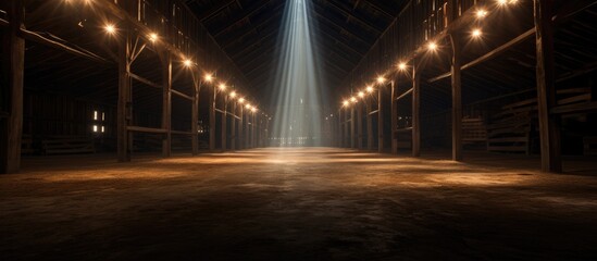 Interior of a deserted barn illuminated brilliantly captured from a wide perspective - obrazy, fototapety, plakaty