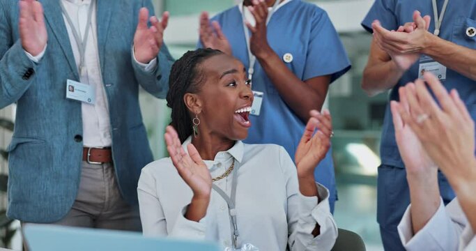 Success, email and excited black woman in hospital with healthcare, winner and happy news in clinic. Laptop, applause and surprise of a medical and wellness professional in meeting with target goal