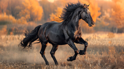 Fototapeta na wymiar beautiful black horse playing on the field, generative Ai