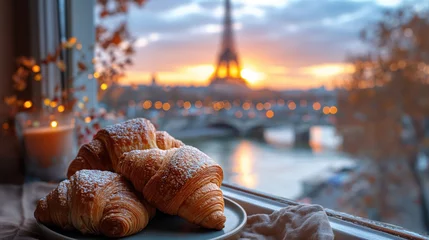 Foto op Canvas Delicious french croissants on romantic background of Eiffel tower. Created with Generative AI.  © lchumpitaz