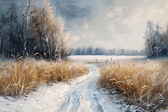 Winter season landscape forest field  in the countryside moody vintage farmhouse style wall art or painting