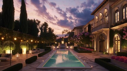 Fototapeta na wymiar Twilight serenity captured in an image of an exclusive pool area with ambient lighting, surrounded by opulent landscaping and architectural details