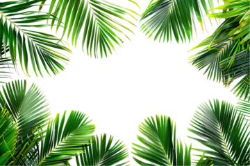 Lush green palm leaves frame a tropical paradise with a hint of blue sky