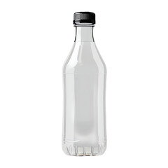 A clear empty plastic water bottle sits alone on a transparent background