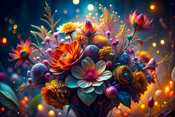 Fototapeta na wymiar Creative flowers blooming in garden with glowing effect