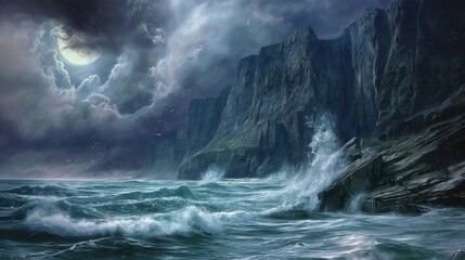 Waves crashing against towering cliffs under a moody sky.
