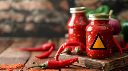 Keuken spatwand met foto A rustic image depicting jars of homemade red chili sauce with a bold, black and yellow warning sign on the front jar, set against a wooden backdrop with fresh red chili peppers scattered around. © pantip